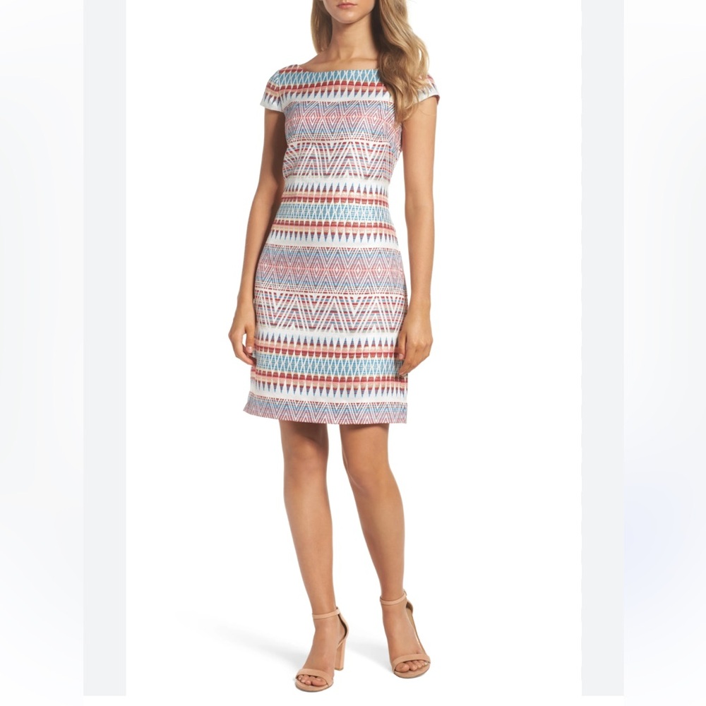 VINCE CAMUTO gold metallic embroidered dress in coral, blue and white. Size 2.